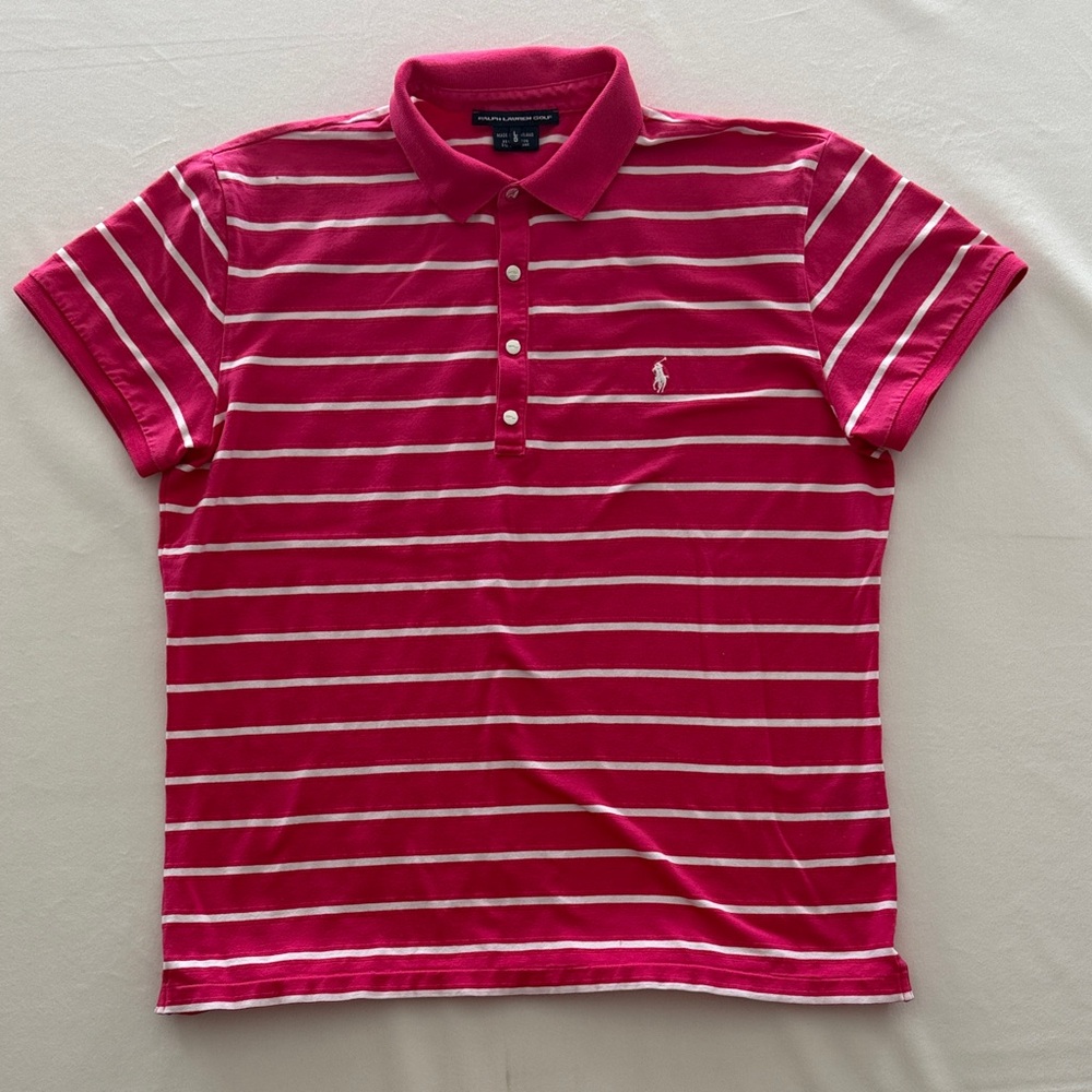 Ralph Lauren Golf Women’s Polo Pink and White‎ Stripes 100% cotton Size Large